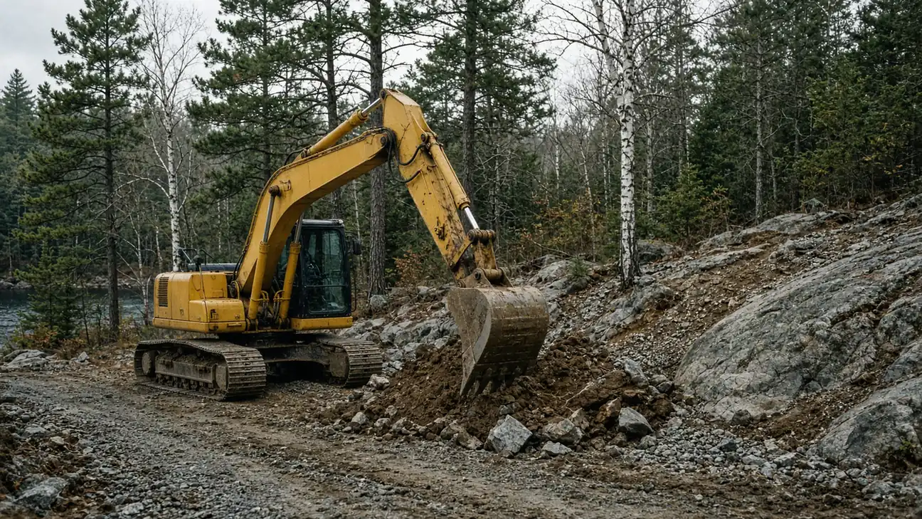 Excavator on a Canadian Shield cottage lot in Northern Ontario